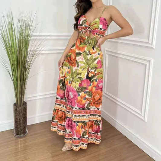 Tropical Print Spaghetti Strap Knot-Front Cutout Tiered Ruffle Maxi Dress