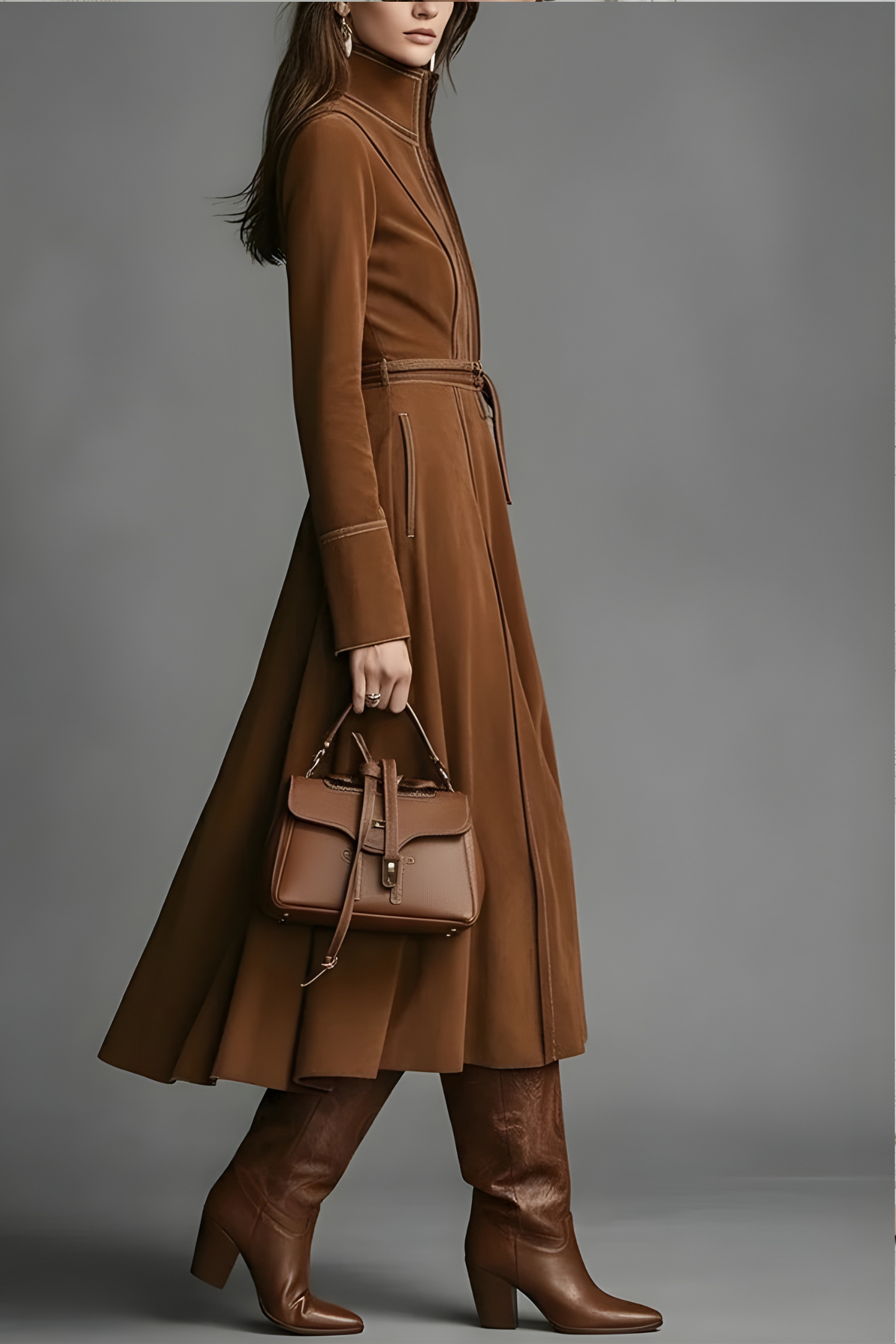 Brown Faux Suede Front Zipper Belted Elegant Maxi Dress