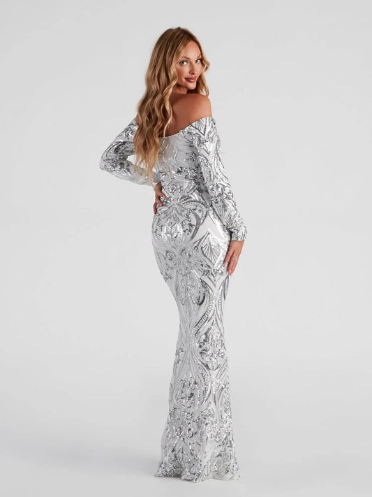 Liber Autumn women's sequined one-shoulder long dress