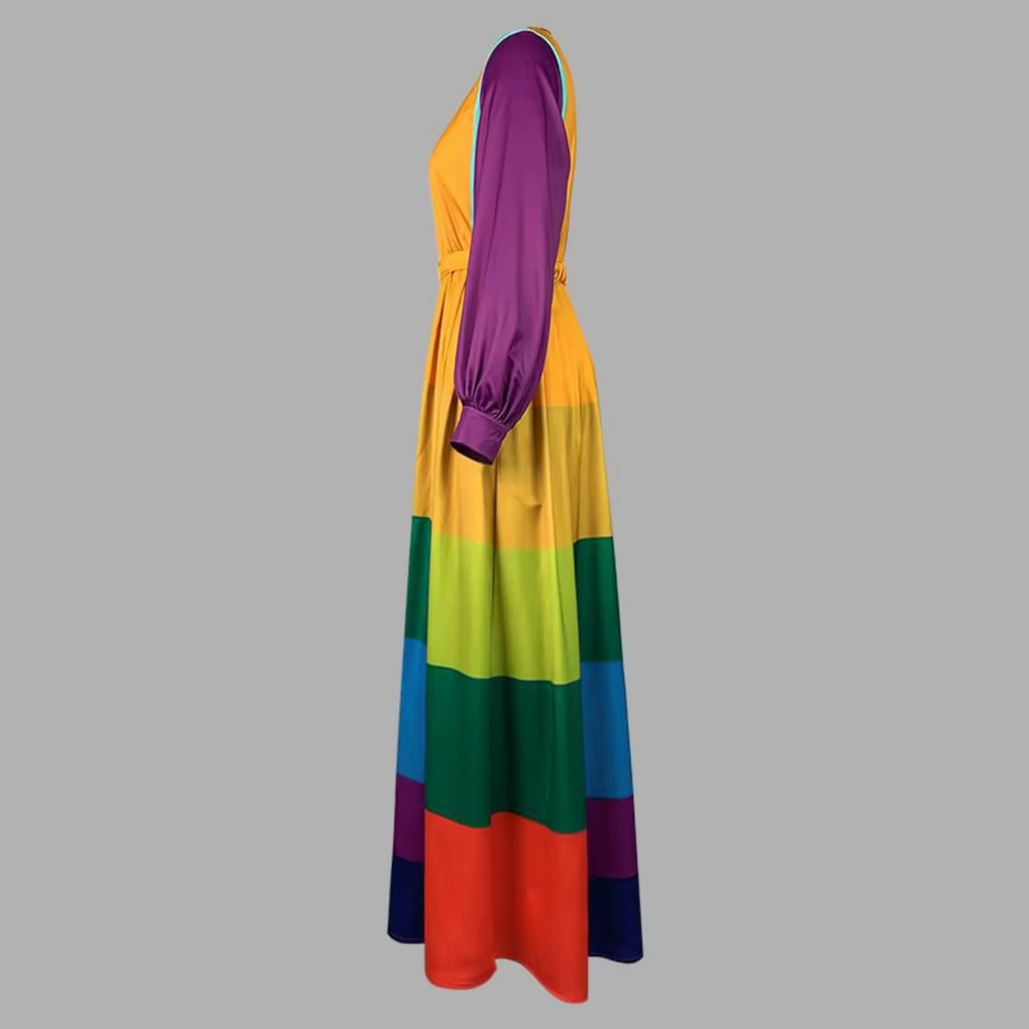 Color-Blocked Horizontal Stripe Bishop Sleeve Belted Pleated Maxi Dress