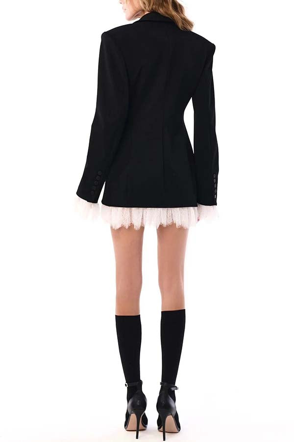 Cue The Chic Lace Trim Button Long Sleeve Lapel Blazer Mini Dress