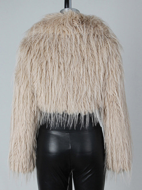 Fringed Faux Fur Cropped Coat V-neck Winter Jacket For Women 2026