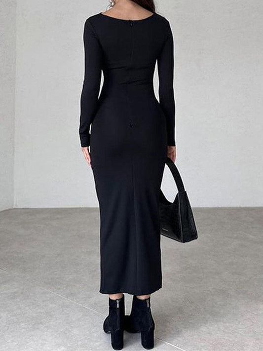 Slim Fit Solid Color Temperament Long Hip-Wrapped Dress