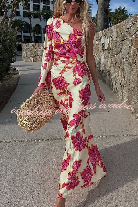 Rhia Satin Floral Print One Shoulder Flared Maxi Dress