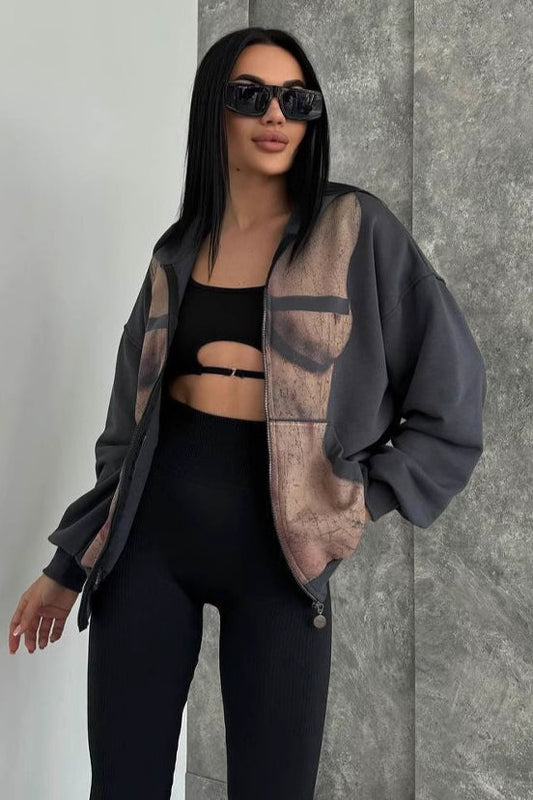 Graphic Print Zipper Hoodie
