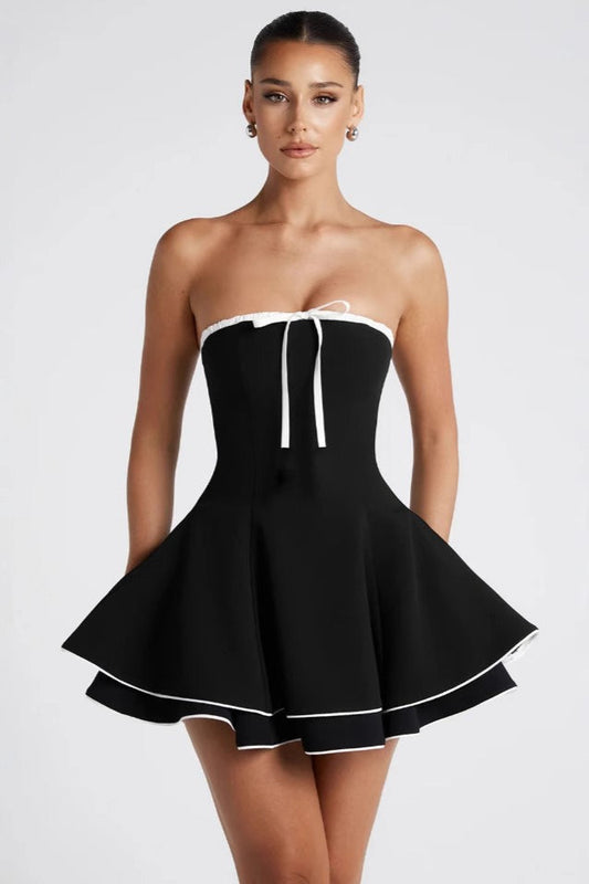Contrast Trim Strapless Bow Detail Tiered Skater Mini Dress