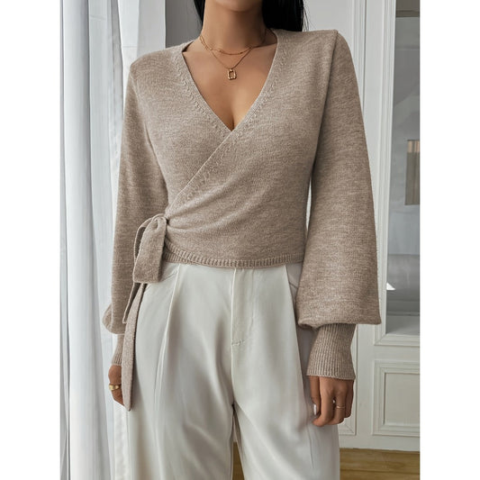 Beige Wrap Knit Sweater with Long Sleeves for Women - Clara