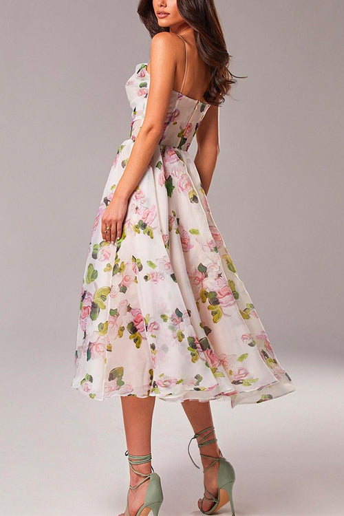 Margovil Adjustable Strap Waisted Floral Swing Midi Holiday Dress
