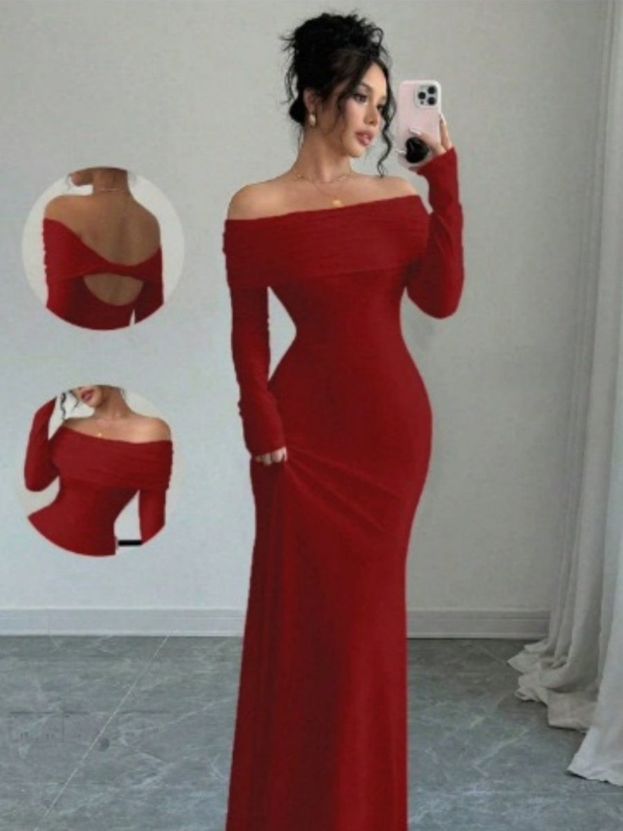 Off Shoulder Hip-hugging Backless Kink Maxi Dresses