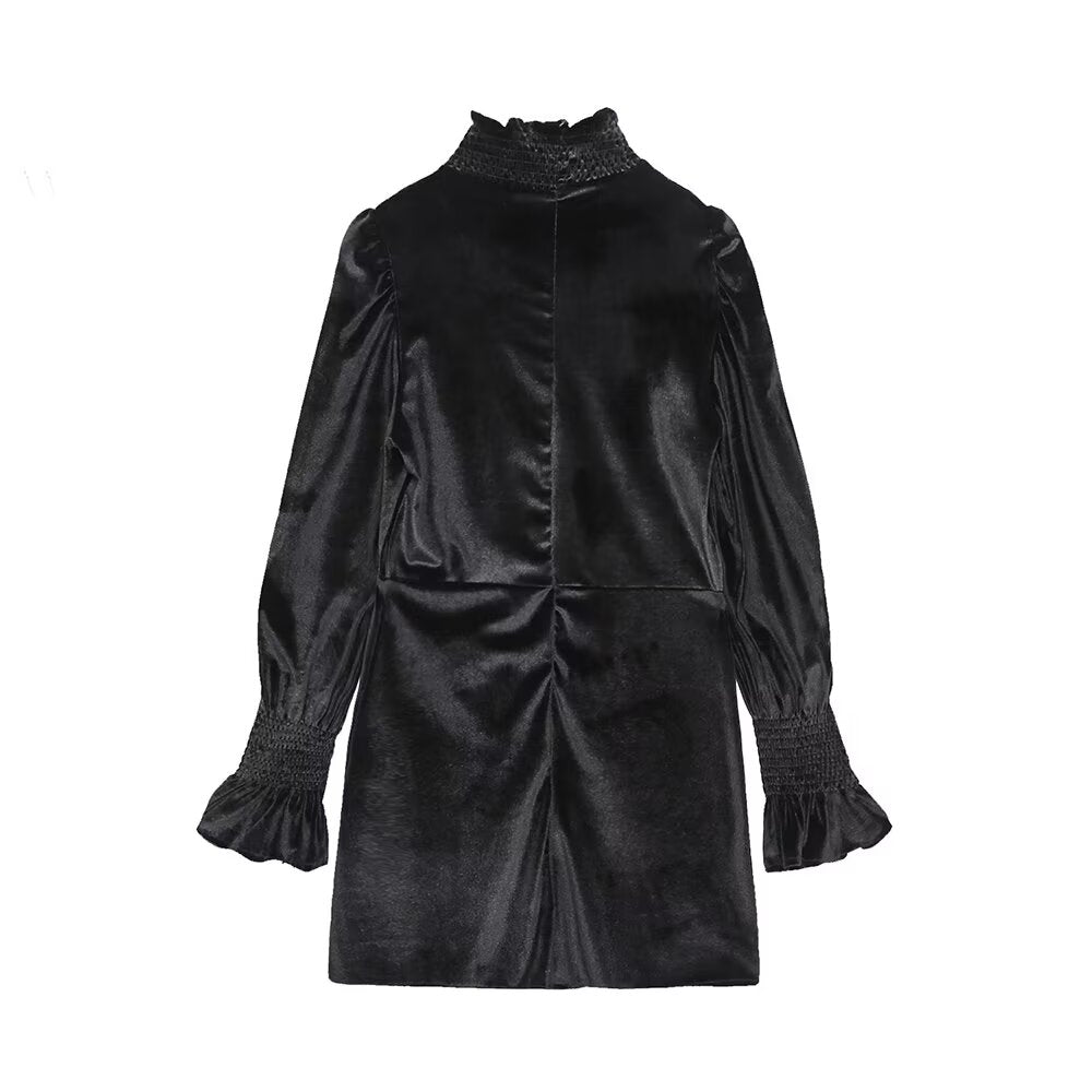Fall Women Clothing Black Dress French Court Puff Sleeve Velvet Mini Dress