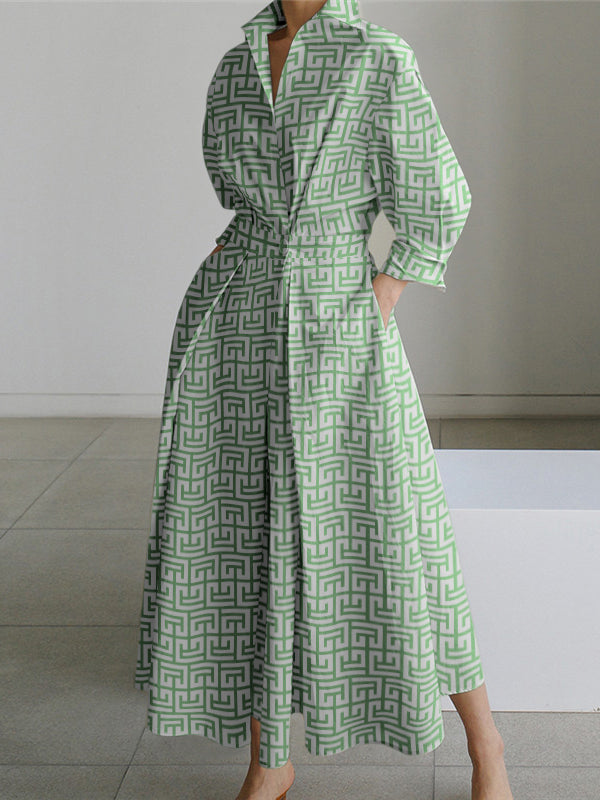 Long Sleeves Loose Pleated Printed Tied Waist Lapel Shirt Dress