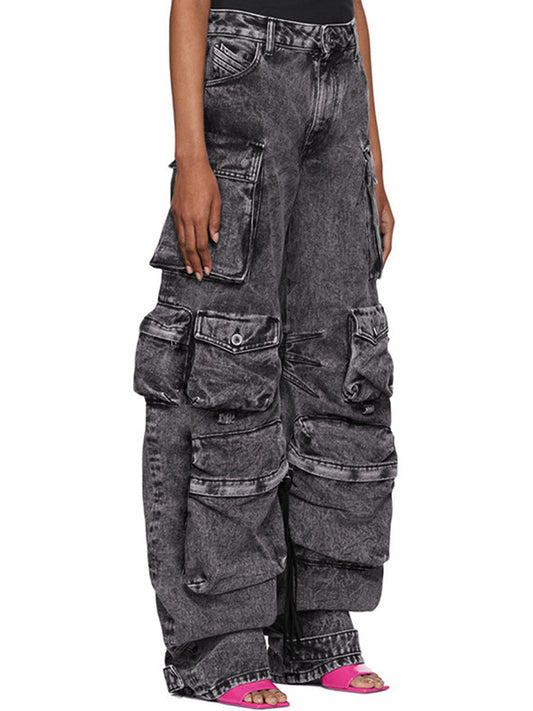 Washed Distressed Gray Multi Pocket Splice Cargo Jeans
