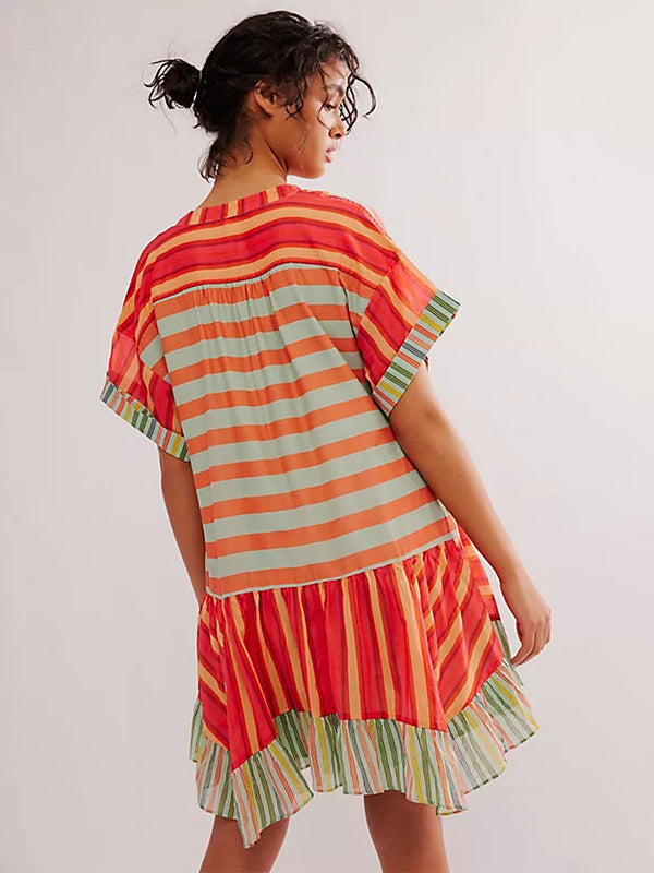 Bohemian Dress V-Neck Short Sleeves Oversized Summer Casual Mini Dresses
