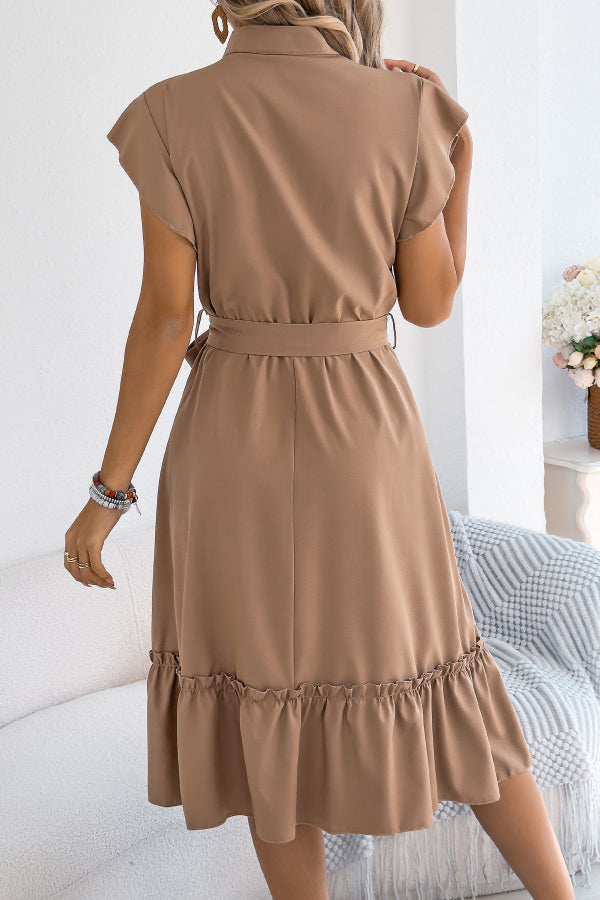 Solid Color Stand Collar Button Waist Tie Casual Midi Dress