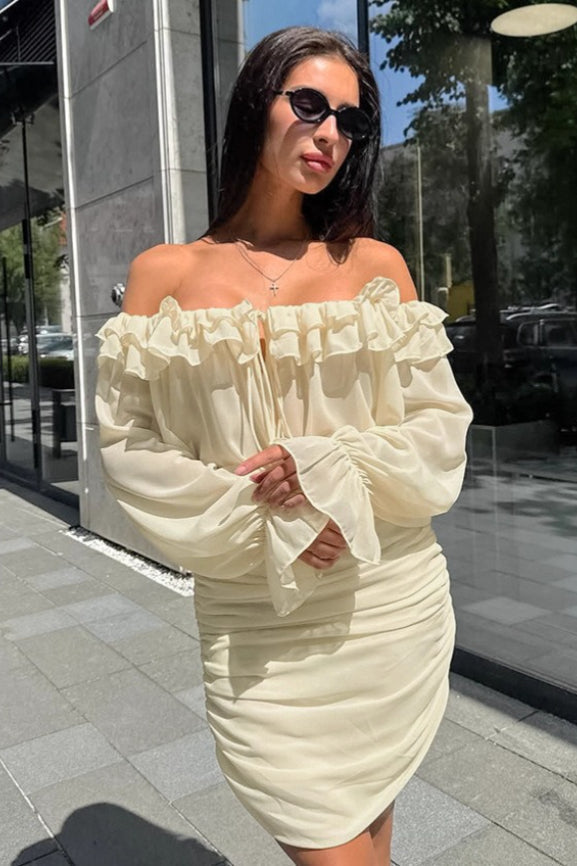 Off Shoulder Ruffle Trim Tie Front Lantern Sleeve Ruched Skirt Two Piece Set