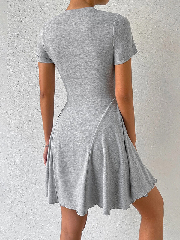 High Waisted Loose Pleated Solid Color Split-Joint Round-Neck Mini Dresses