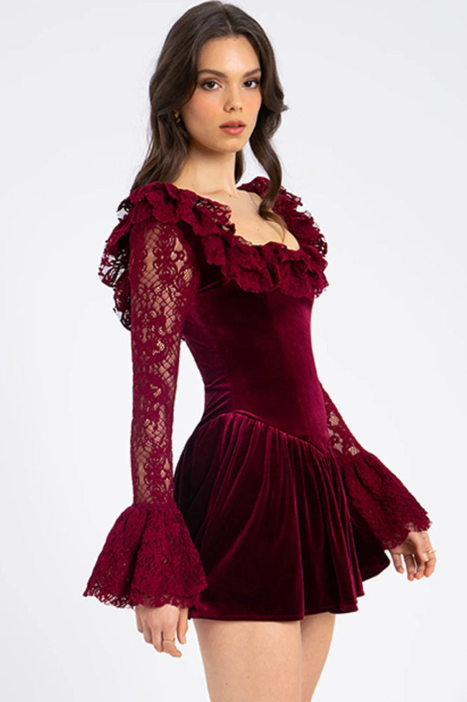Velvet Lace Scoop Neck Ruffle Shoulder Bell Sleeve Mini Dress