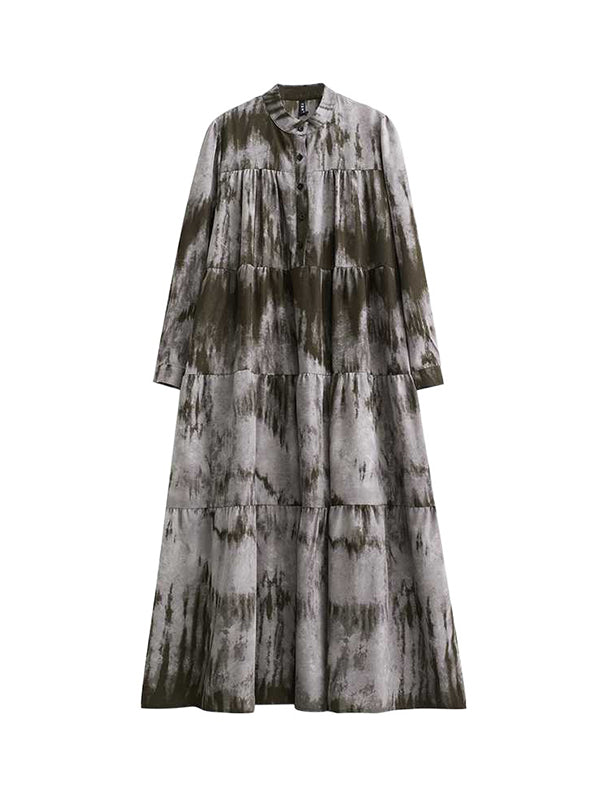 A-Line Long Sleeves Pleated Printed Split-Joint Stand Collar Midi Dresses