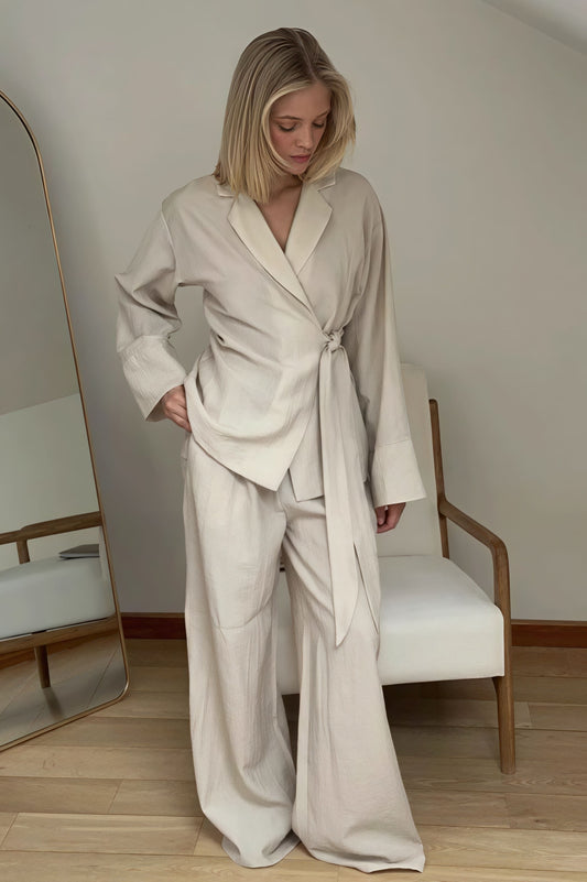 Tie Front Cardigan Loose Pants Two Piece Set