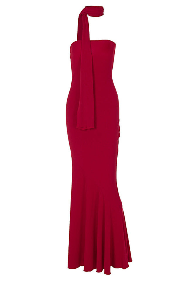Strapless Rib Knit Neck Scarf Trumpet Hem Mermaid Maxi Gown