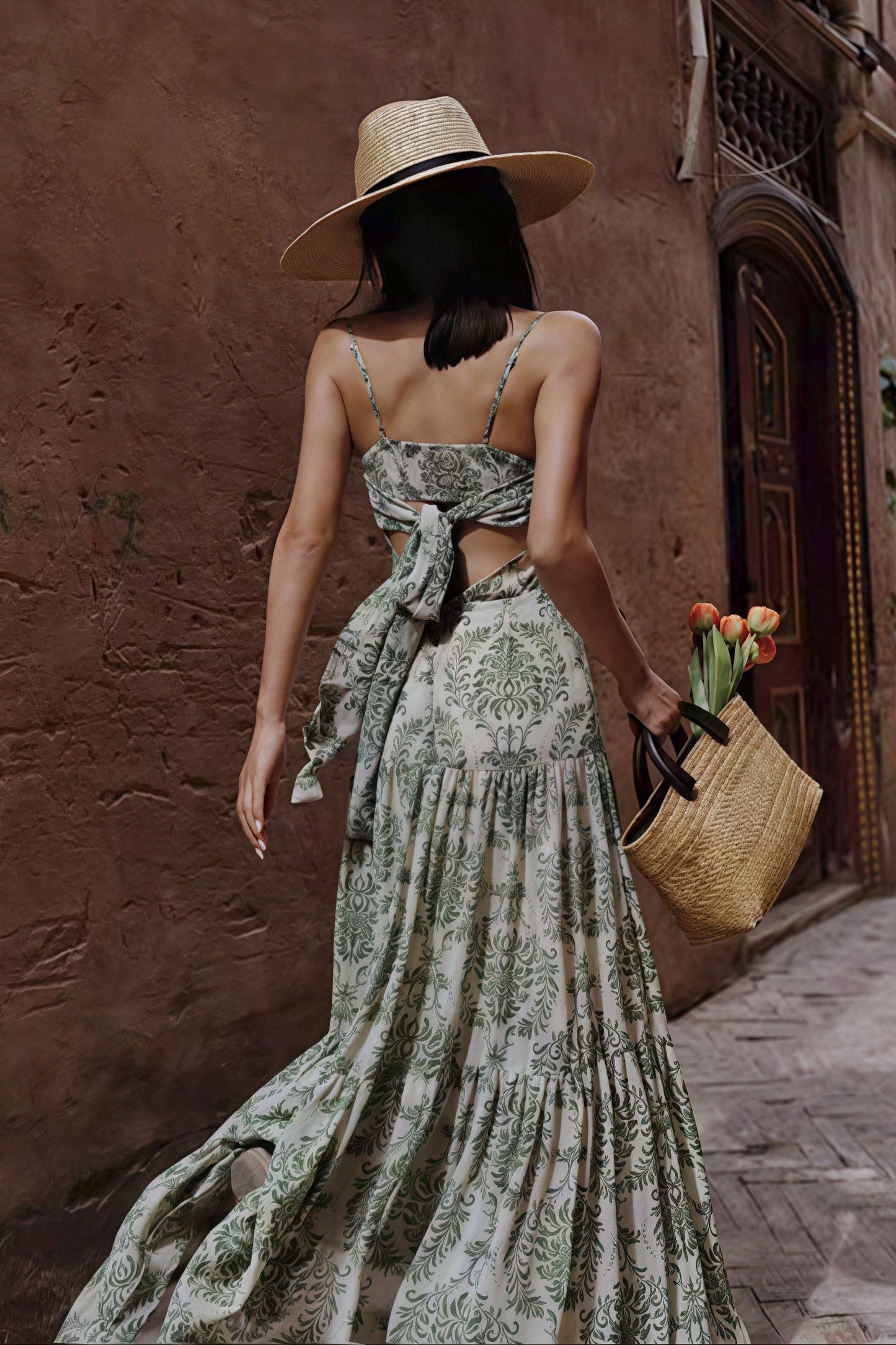 Damask Floral Print Spaghetti Strap Ruched Bust Maxi Dress