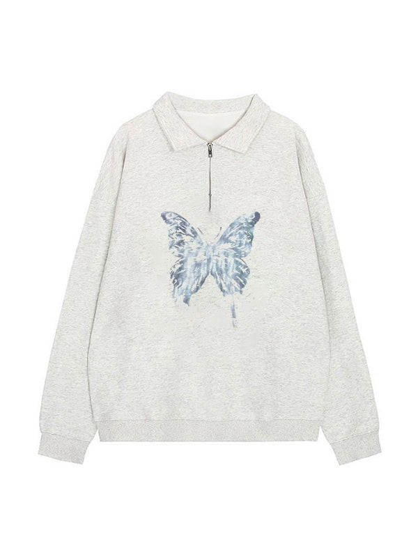 Vintage Butterfly Print Half Zipper Sweatshirt