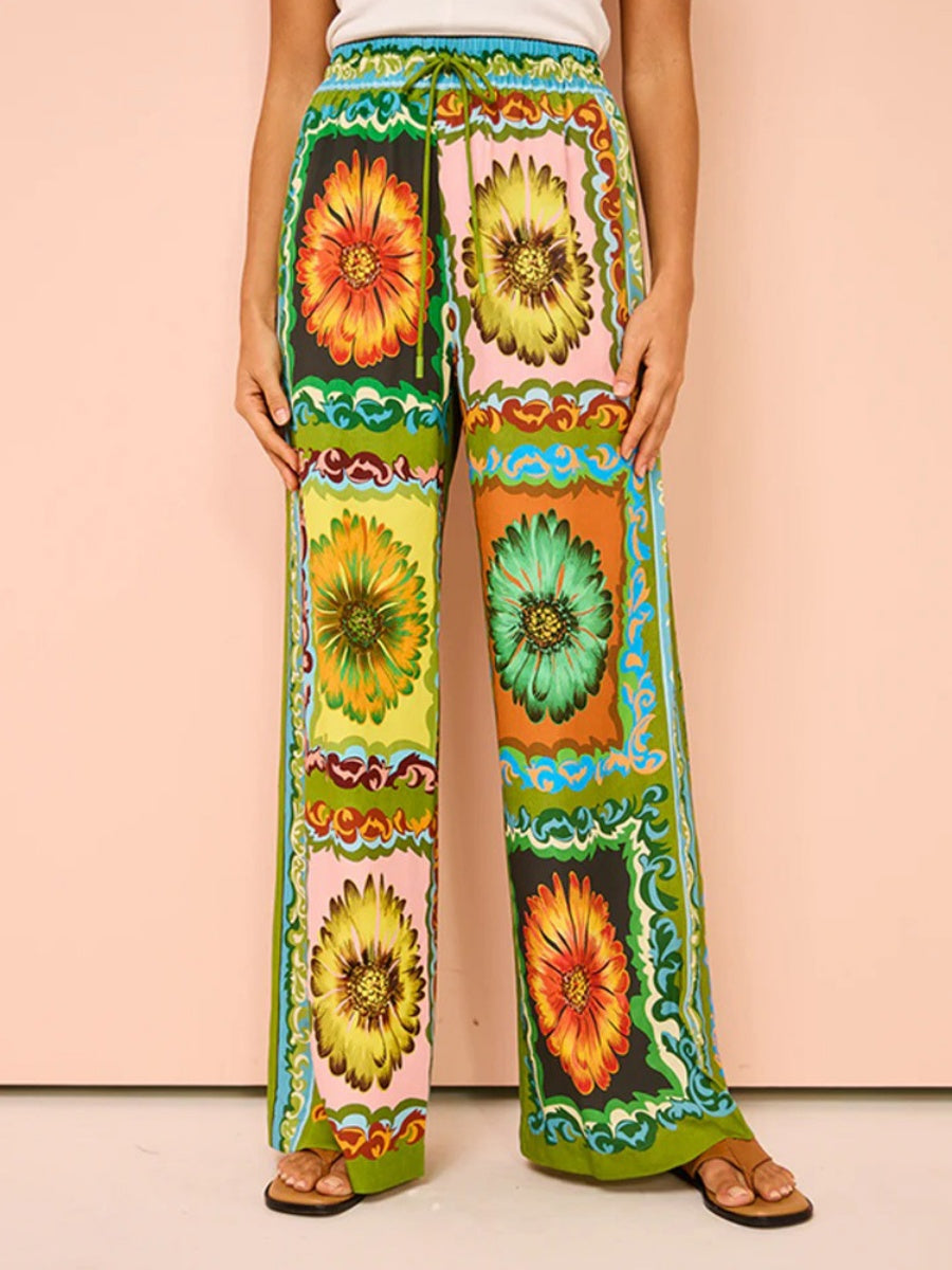 Printed Vacation Long-sleeved Shirt Pants Wide Leg Set 2-piece Sets