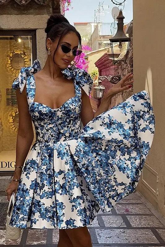 Floral Print Sweetheart Tie Bow Shoulder Bustier Mini Dress