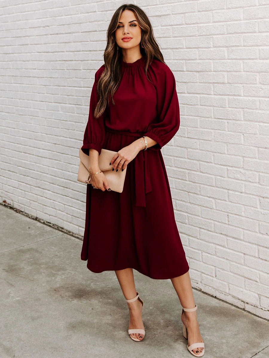 Sash Jewel Neck 3/4 Length Sleeves Midi Dress