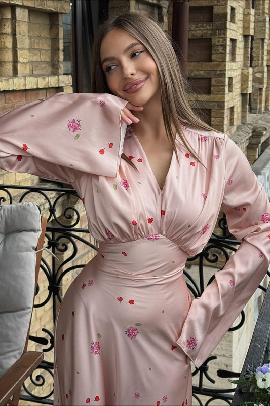| Satin Floral V Neck Flared Hem Maxi Dress