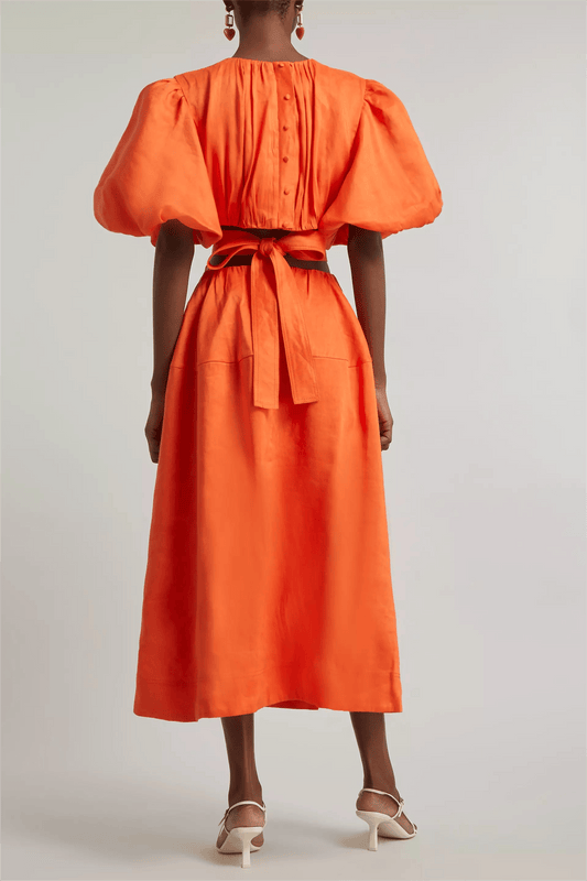 Solid Puff Sleeve Cut-Out Midi Dress
