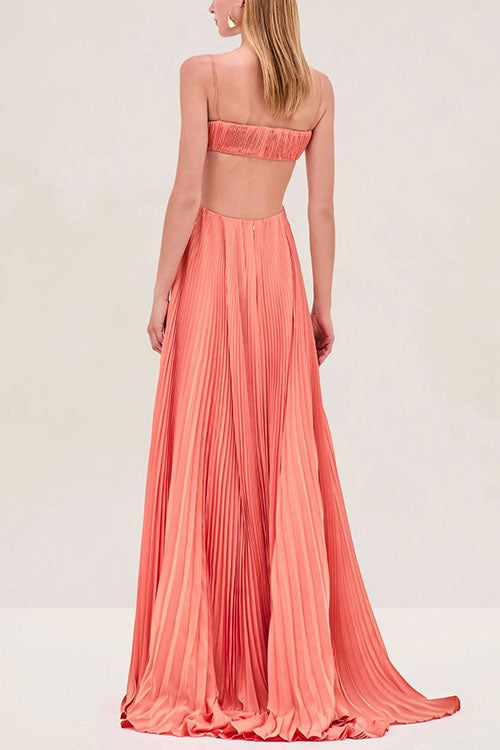Margovil Spaghetti Strap Back Cut Out Pleated Maxi Dress