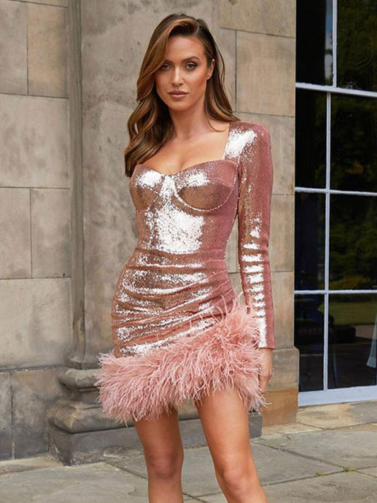 Sexy Feather Mini Dresses Sweetheart Neck Long Sleeves Birthday Party Pencil Dress