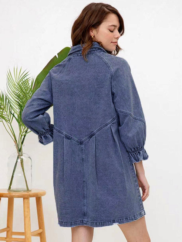 Gathered Sleeves Dresses Front Buttons Solid Color Mini Dress
