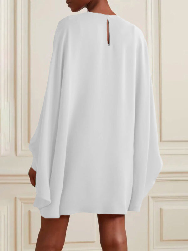 Batwing Sleeves Long Sleeves Contrast Color Printed Round-Neck Mini Dresses