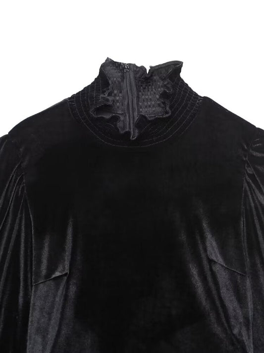 Fall Women Clothing Black Dress French Court Puff Sleeve Velvet Mini Dress