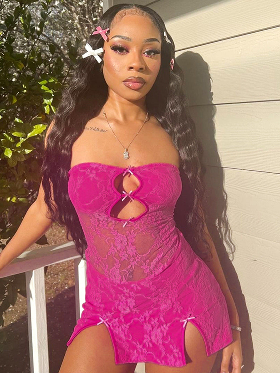 Y2K Sexy Mini Dress Women Summer Hottie Hollow Out Strapless Solid Color Pullover Dresses Streetwear 2024 Women Clothing