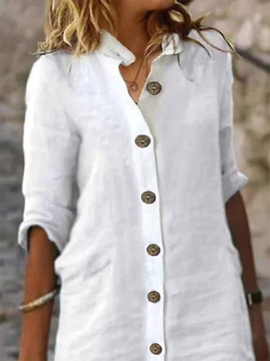 Half Sleeves Loose Buttoned Solid Color Stand Collar Mini Dresses