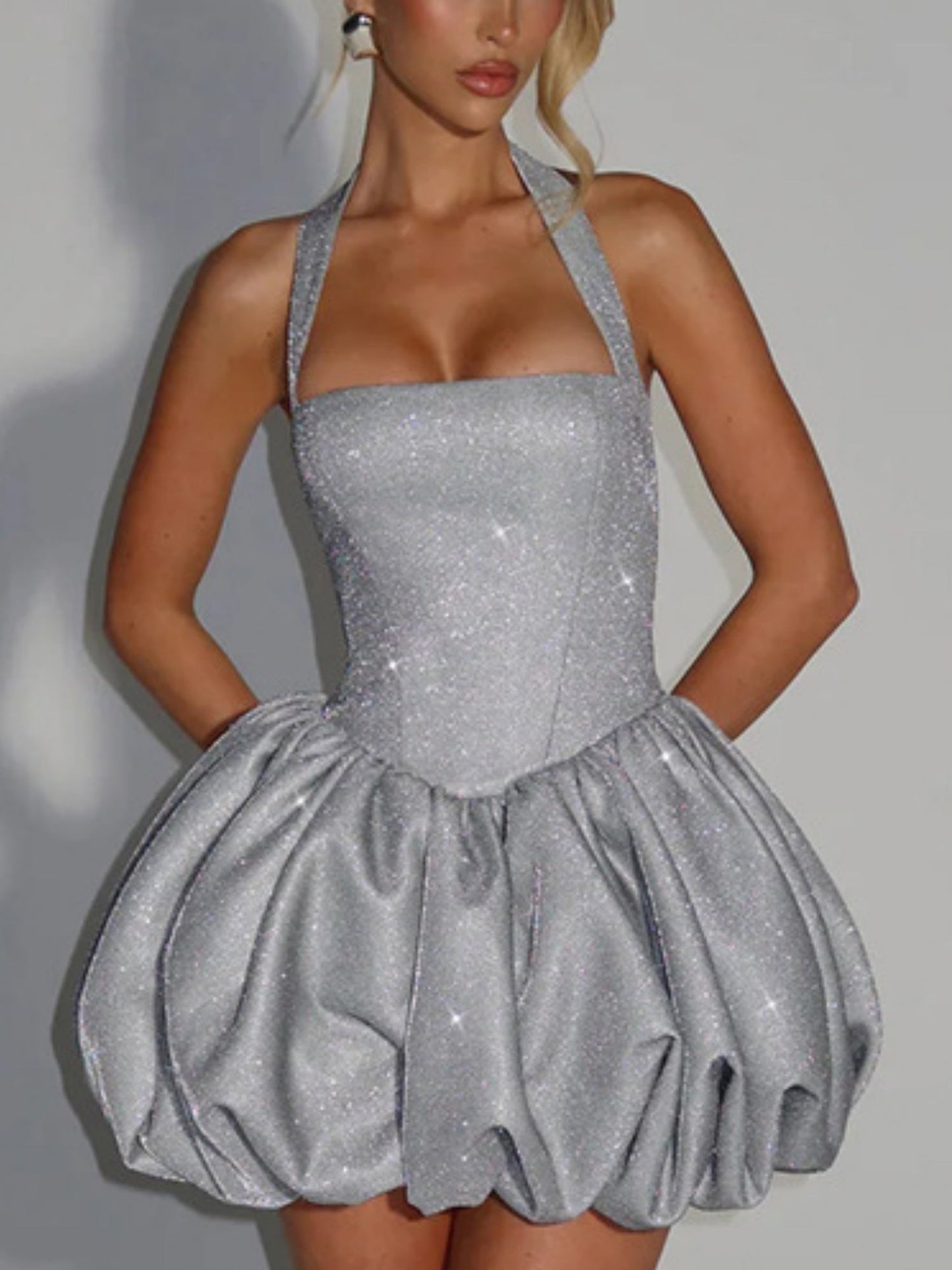 Glitter Neck Strap Slim-fit Mini&Short Dresses