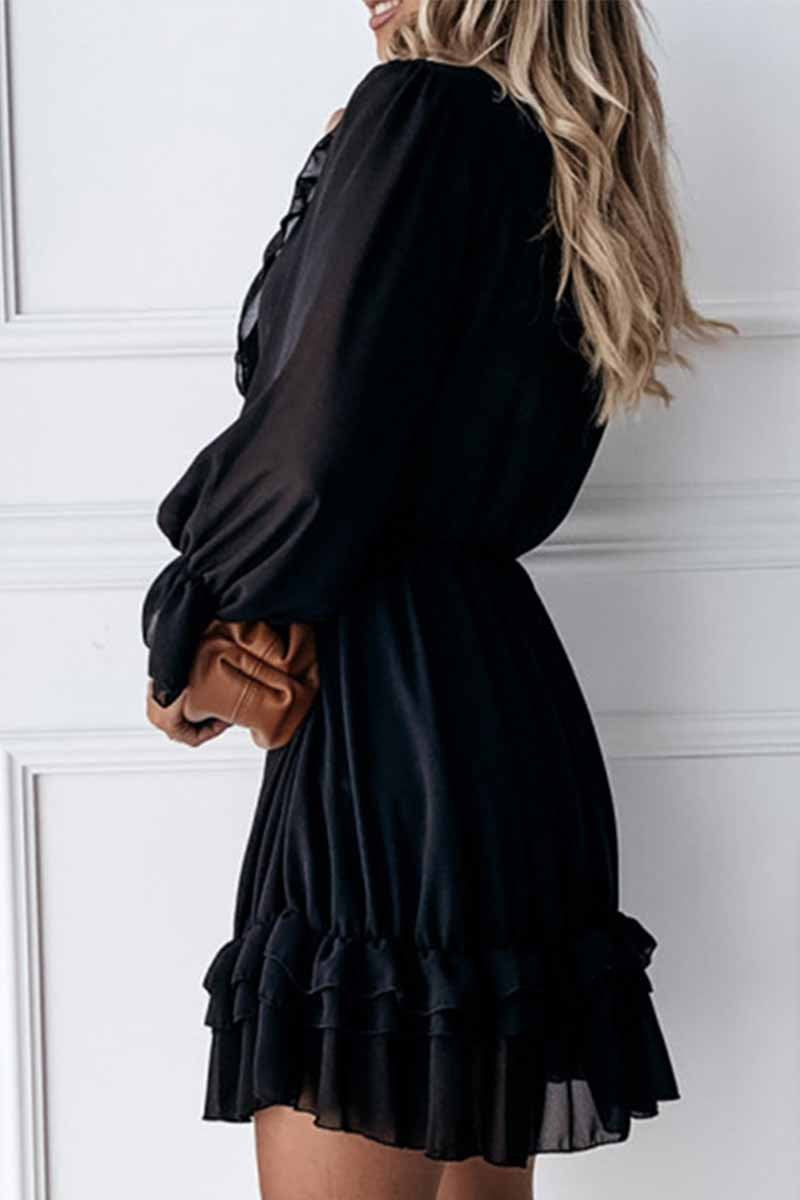 Lace Trim Deep V-Neck Tie-Front Balloon Sleeve Tiered Ruffle Mini Dress