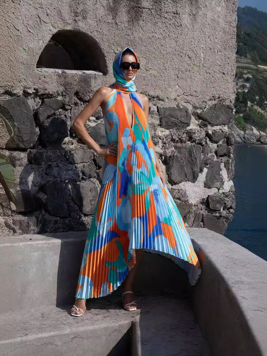 V-neck Halter-neck Backless Sleeveless Printed Pleated Maxi Dress