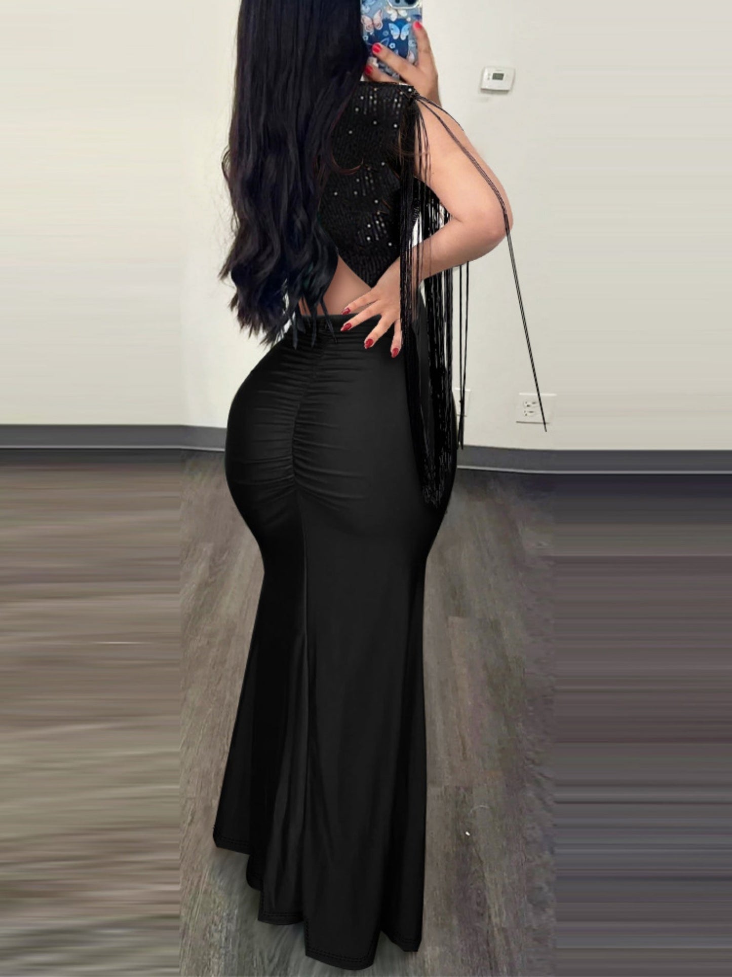 Sequins Bodycon Round Neck Slit Evening Dress Tassel Sleeves Pleated Maxi Dresses