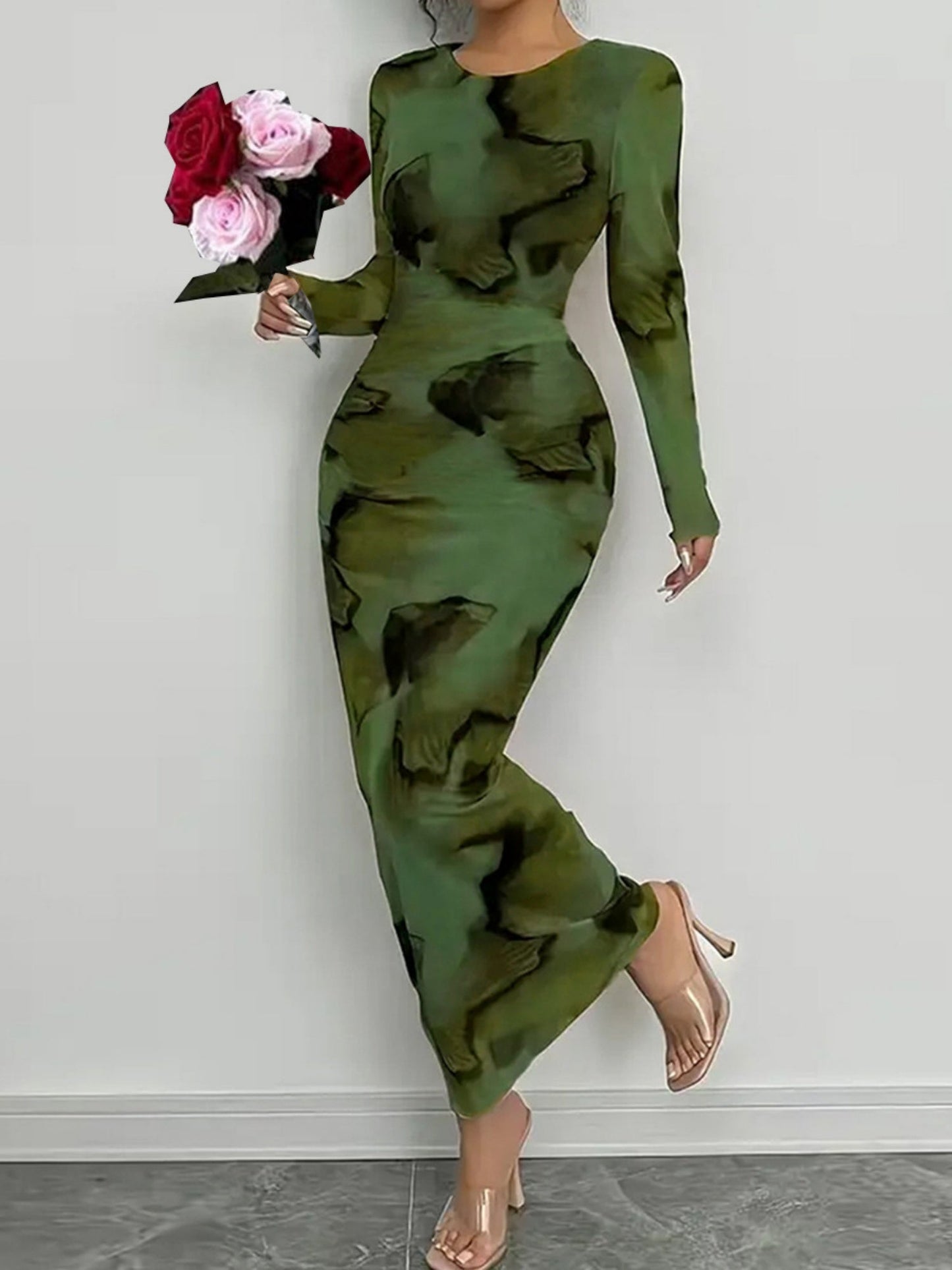 Printed Stretch Round Neck Long Sleeve Maxi Dresses