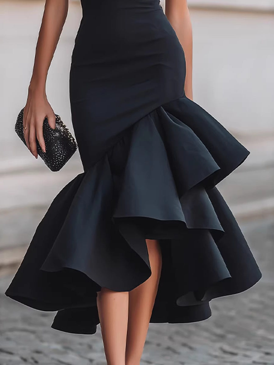 Slim-fit Temperament Grace Asymmetrical Ruffles Midi Dresses