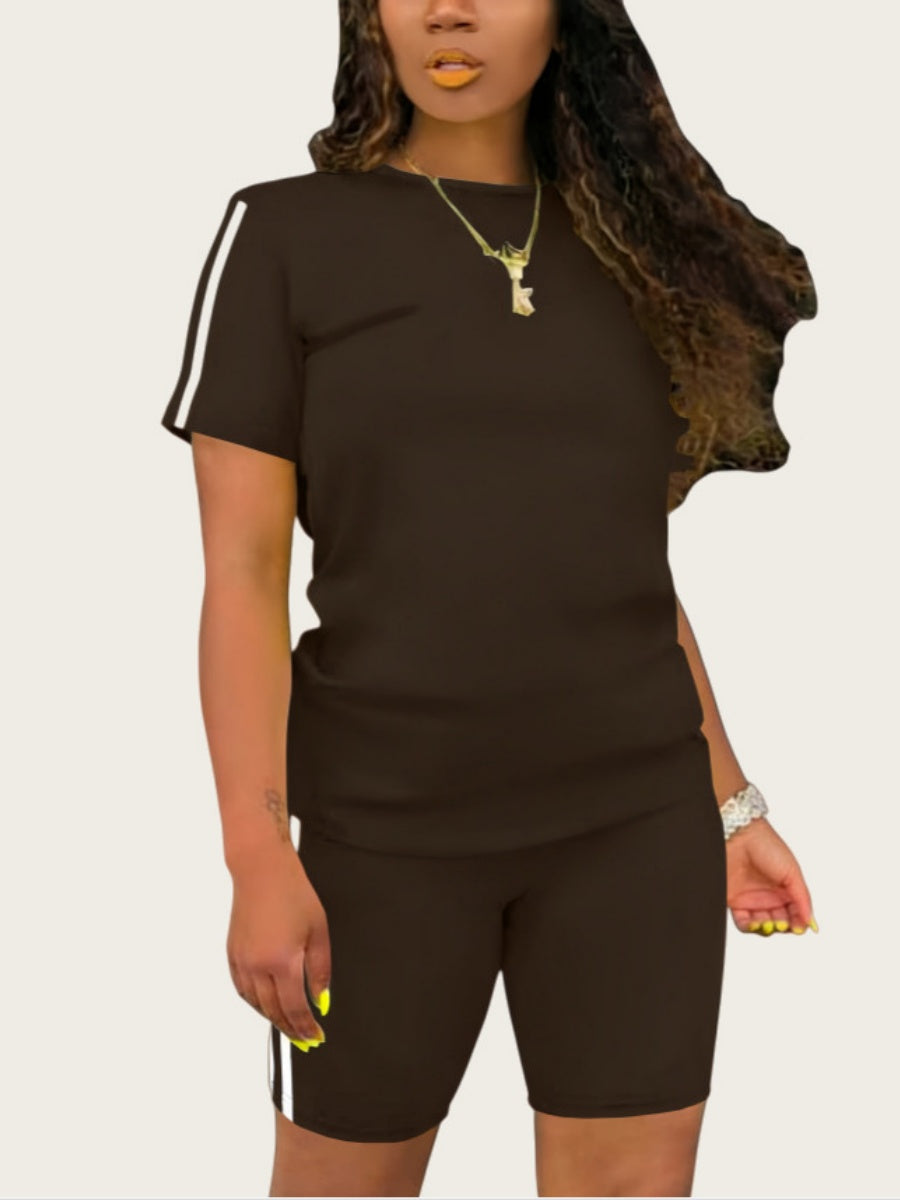 Casual Sporty Color-blocked Striped Short-sleeved Top And Shorts Two-piece Set