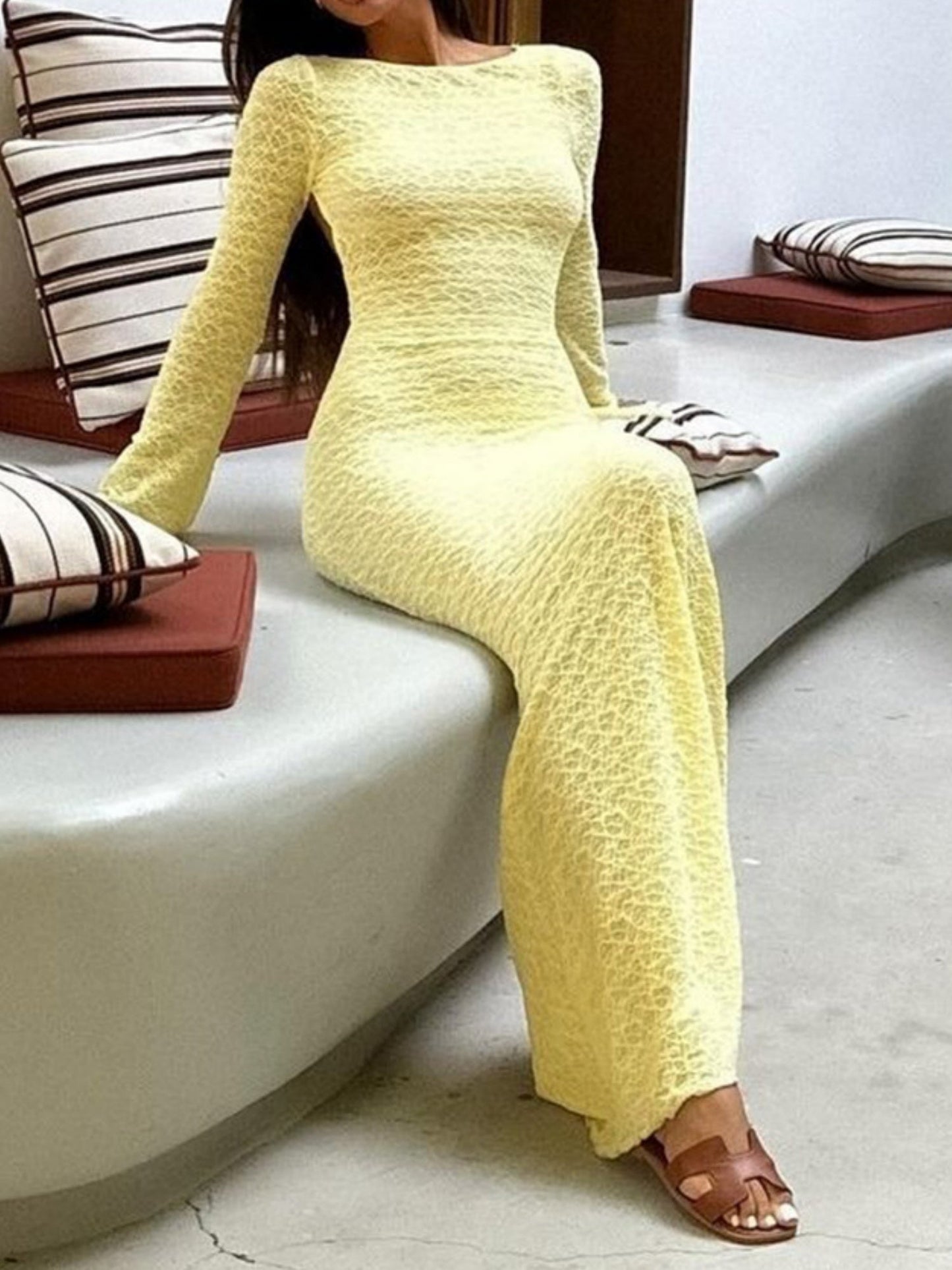 Backless Tie Crew Neck Flare Sleeve Maxi Dresses