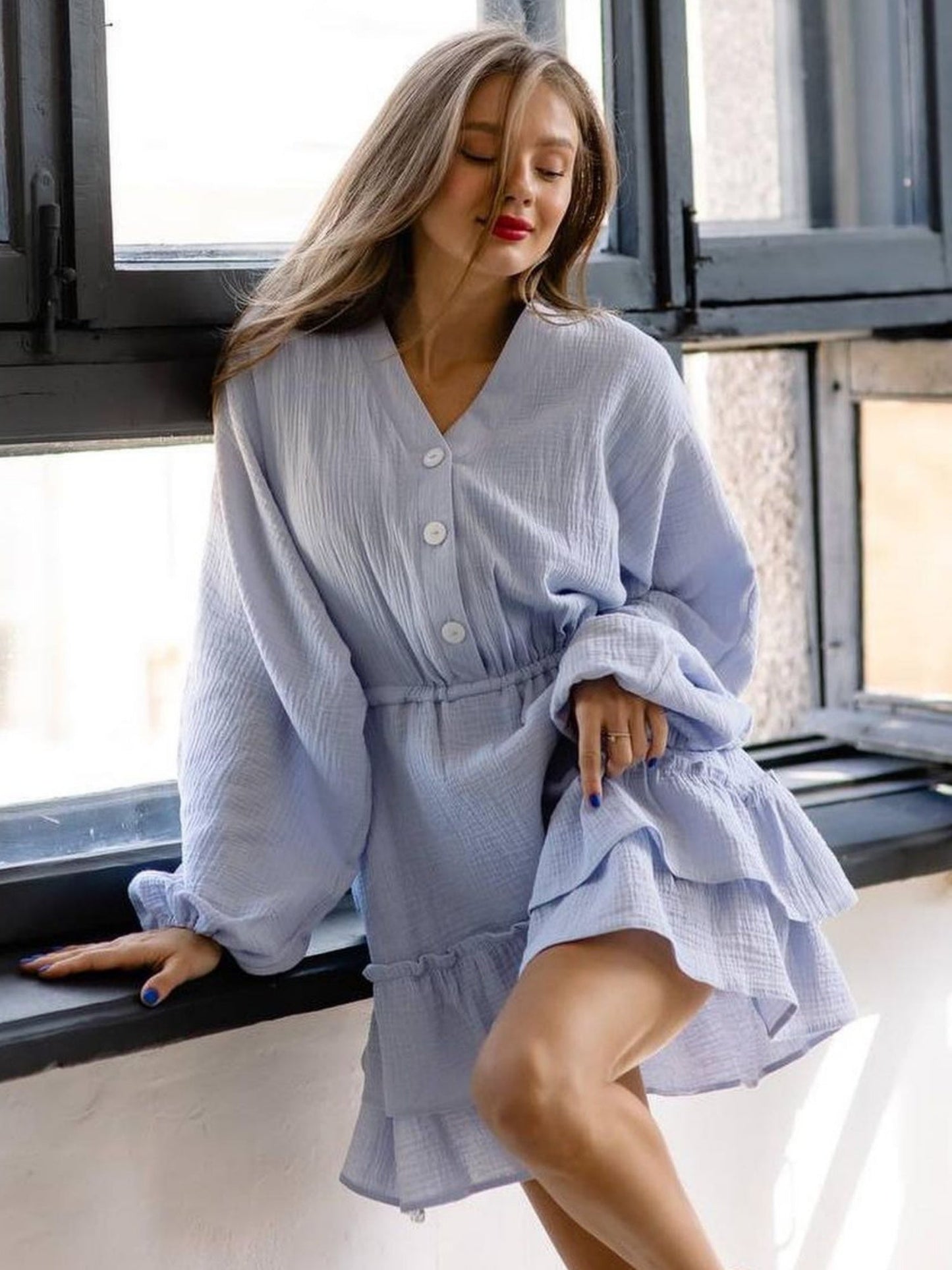 Ruffle Buttons V-neck Long Sleeve Mini&Short Dresses