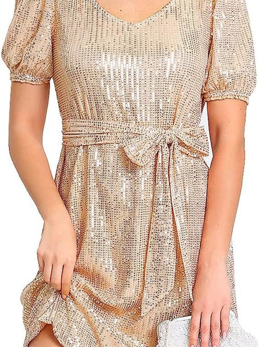 Short Sleeve Loose-fit Lace Up Sequins Temperament Mini&Short Dresses