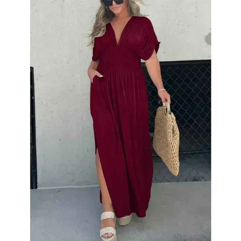 Deep V-Neck Flutter Sleeve Smocked Waist Side Slit Maxi Dress