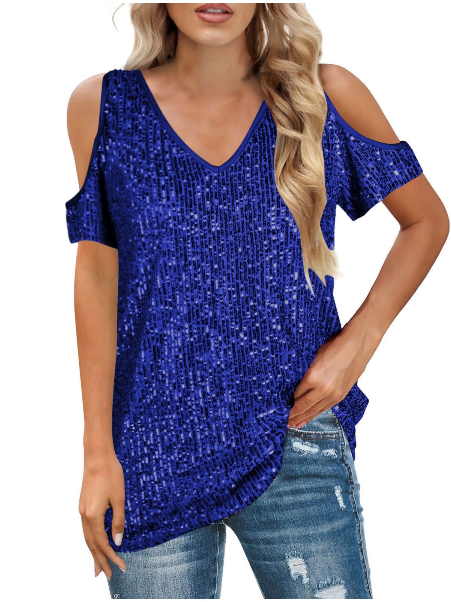 Sequins V-neck Off-shoulder Short-sleeved T-shirt